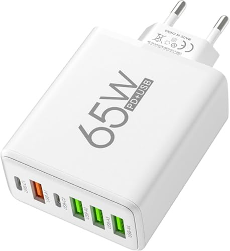 Caricatore USB Multiporta 65W, Stazione di Ricarica da Parete a 6 Porte con 2 USB-C e 4 USB-A, Compatibile con iPhone, Android, Samsung Galaxy, Xiaomi, Huawei, Tablet, Smartwatch (Bianco)