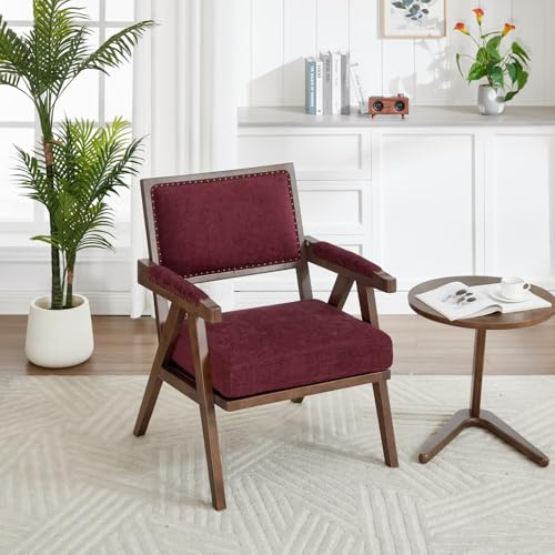 Fauteuil Contemporain Rembourré d'Inspiration Médiévale,Structure en Bois Massif avec Accoudoirs,Rembourrage Épais pour Un Confort Prolongé,Détails Rivetés pour Un Charme Vintage (Rose Red)