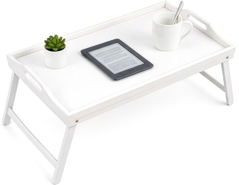 CROWNSHOP 1 PCS Bamboo Bed Tray Table Foldable Breakfast in Bed 50x30x24cm | Tray with Handles & Folding Legs, Portable Lap Tray for Eating, Working, Laptop, Sofa, and Breakfast in Bed (White, 1 PCS)