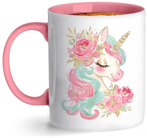 Unicorn Mug for Women, 11oz Ceramic Coffee Mug with Cute Floral Unicorn Design, Funny Mugs for Women, 9.5 x 8.2cm Pink Handle and Interior, Ideal Birthday or Christmas Gift
