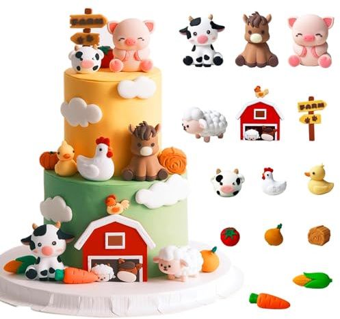 15 Stück Bauernhof Geburtstag Deko Set Tortendeko Geburtstag Bauernhof mit Tierfiguren Kuh Schwein Schaf Pferd, Kuchendeko Farm Party Tortendekoration Decorations, Kuchen Zubehör Geburtstagstorte
