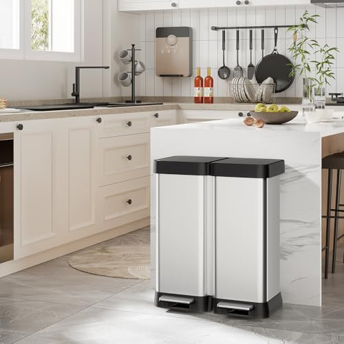Aptliton Dual Compartment Recycling Bin, 16 Gallon Stainless Steel Kitchen Trash Can with Soft Close Lids, Pedal Operated Odor Sealing Waste Bin, Fingerprint Resistant for Home Office