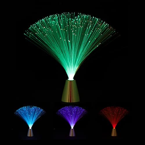 Relaxdays Glasfaserlampe, fließender Farbwechsel, LED Retrolampe, Stimmungslicht, Effektleuchte Fiberglas, 33 cm, bunt, Silber