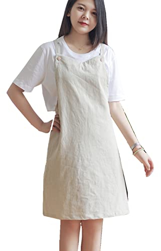 Verstellbare Küchenschürze im japanischen Stil, Baumwollleinen mit 2 Taschen Pinafore Schürze für Damen Chef Kellnerin Friseurin passt für Grill, Lack und Kreuz-Rücken-H Schulterriemen Beige