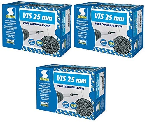 Semin - Vis Auto Perceuse 25 mm - Fixation des Plaques de Plâtre sur l'Ossature - Intérieur - Boîte de 1000 Pièces (Lot de 3000)