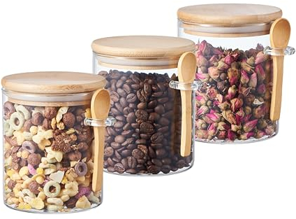 ORNAMI Airtight Glass Pantry Storage Canister Jar with Bamboo Lid & Spoon | BPA-Free, Clear Kitchen Organisation Jar - Set of 3 (0.8L, Round)