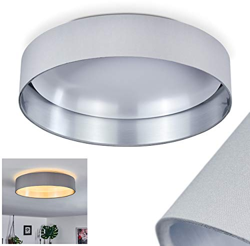 LED Deckenleuchte Elsa, runde Zimmerlampe aus Metall/Stoff in grau, weiß und silberfarben, 1-flammige Deckenlampe mit Stoffschirm, 1 LED 24 Watt, 3000 Kelvin (Warmweiß), 2100 Lumen