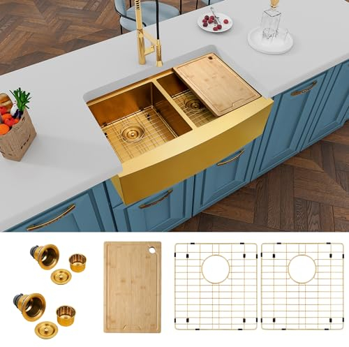 Zeesink Fregadero de cocina de 33 x 50,8 cm, fregaderos de cocina de doble tazón, delantal, fregadero de cocina para estación de trabajo, fregadero de cocina de granja, fregadero de acero inoxidable