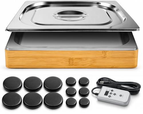 SereneLife Hot Stone Massage Kit with Heater – 12 Black Basalt Stones with Digital Temperature Control & Tray, Portable Electric Spa Set for Professional or Home Therapy