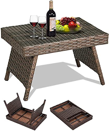 RELAX4LIFE Kleiner Kaffeetisch Rattan, Rattantisch braun klappbar, Klapptisch Polyrattan, Gartentisch Eisengestell, bis 45kg belastbar, drinnen & draußen, für Balkon Garten Hof Camping, 60x40x40cm