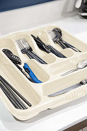 TENLITE High Grade Plastic 7 COMPARTMENT Large Cutlery Tray Kitchen Drawer Organiser Trays, Compact Plastic Tray for Knives, Forks and Spoons (42.00 x 37.00 x 5.00 cm) - (Soft Cream)