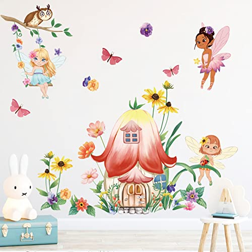 decalmile Wandtattoo Mädchen Feen Wandaufkleber Blumen Pilzhaus Schmetterling Wandsticker Babyzimmer Kinderzimmer Mädchen Wanddeko