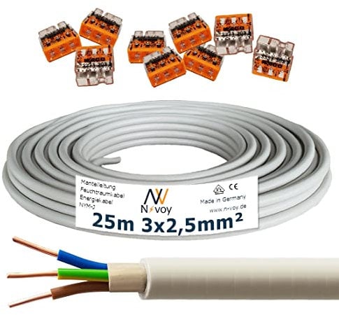 NYM-J 3x2,5 mm² 25m Mantelleitung Installationskabel mit 9 Stück WAGO Klemmen M125 …
