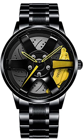 MIDYUID Herren Uhren Hohl Auto Rad Felgen Nabe Uhr Wasserdicht Sport Uhr Armbanduhren für Herren Geschenke (Yellow-01)