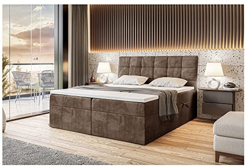 MEBLINI Boxspringbett mit Bettkasten - Gepolstert Doppelbett mit Matratze und Topper - Polsterbett mit Stauraum - Bett mit Kopfteil - Stauraumbett - Drago - 140x200 - H3/Braun Samt