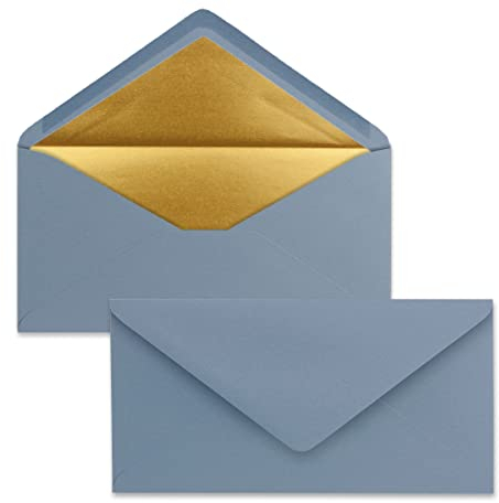 75 Brief-Umschläge DIN Lang - Graublau mit Gold-Metallic Innen-Futter - 110 x 220 mm - Nassklebung - festliche Kuverts für Weihnachten