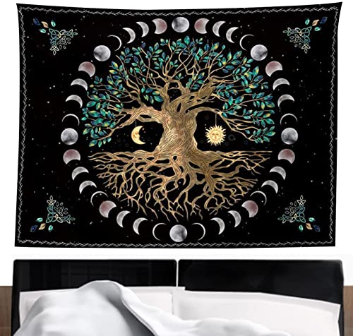Wandteppich Baum des Lebens Tapisserie Mond und Sonne, Psychedelic Teppich Gothic Wandteppiche Trippy Tapestry Wandtücher Wandbehang Boho Wand Deko, Hippie Tapisserie für Schlafzimmer (130x150cm)