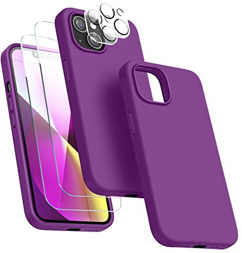 Dssairo [5-in-1 Entworfen für iPhone 13 Hülle, mit 2 Displayschutzfolien + 2 Stück Kameraobjektivschutz, Flüssigsilikon, schlanke, stoßfeste Schutzhülle [Mikrofaserfutter] 6.1 (Violett Rot)…