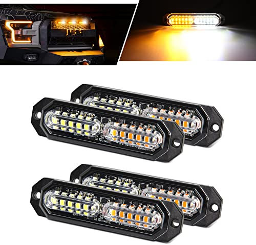 OPP ULITE 4Pcs Emergency Strobe Lights Amber White 12-LED Hazard Beacon Led Warning Signal Lights Super Bright 12V-24V Flashing Work Light Bar for Car Vehicle SUV Truck Trailer Boat Van(CB-02-WY)