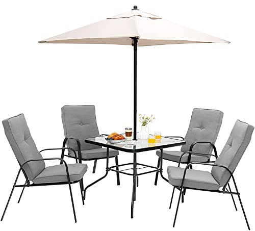 COSTWAY 6 Piece Patio Dining Set, Garden Furniture Set with 4 Cushioned Chairs, Tempered Glass Table and Parasol Umbrella, Outdoor Conservatory Bistro Table and Chairs Set for Balcony Yard Poolside