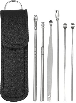 VOCOSTE 6pcs Inox Acier Oreille Nettoyage Outil Kit, Oreille Nettoyage Oreille Soin Set, avec Faux Cuir Emballage Noir