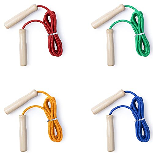 4er Set bunte Holzspringseile 240 cm Länge mit Holzgriff Springseile Hüpfseil Skipping Rope ideal für Spiele im Freien und Kindergeburtstagsgeschenke