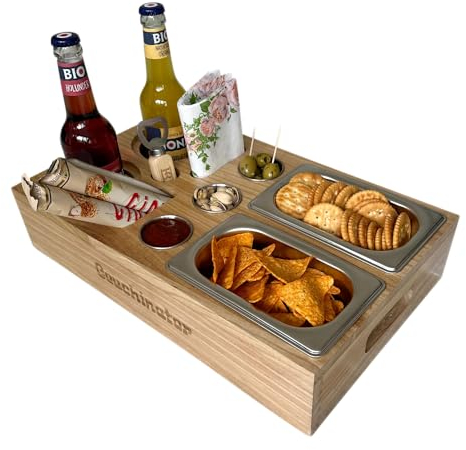Premium Couchbar - Kiriholz - 3 Farben - 3 Dipschalen 2 Snackschalen 2 Untersetzer 1 Flaschenöffner, Snackbox Organizer Flaschenhalter - Sofa Butler Serviertablett (Holz mit Schriftzug)