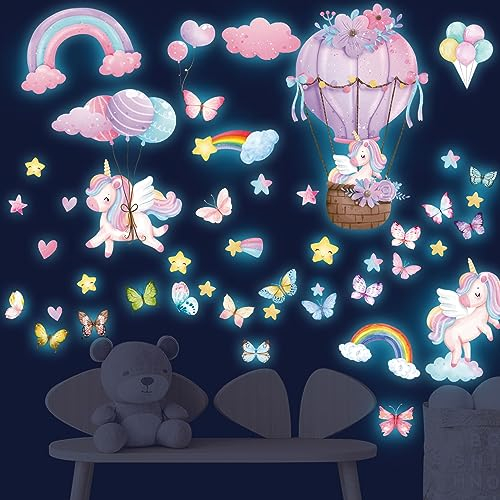 HSDSH Einhorn Wandtattoo Kinderzimmer Leuchtsterne, Leuchtender Wandaufkleber Mädchenzimmer Regenbogen Leuchtsticker, Leuchtaufkleber Wandsticker Selbstklebend Babyzimmer Deko Geschenke für Mädchen