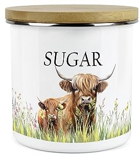 Purely Home Highland Kuh & Kalb Küche Zucker Vorratsdose – Landschaft Bauernhof Metall Emaille Lebensmittelbehälter
