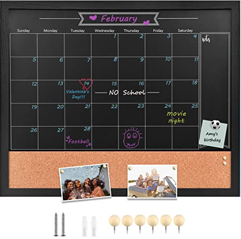Okydoky Abwischbarem Kreidetafel-Kalender und Pinnwand, 80 cm x 60cm, Kombination aus trocken Black Board with Magnetischer, Faux weißer Holzmaserungsrahmen(ZHHB-BK-6080).DE