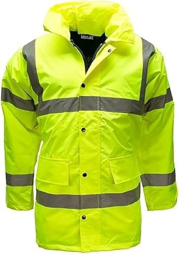 Hi Vis Parka Jacket High Visibility Safety Security Work Wear Waterproof Storm Padded Hi Viz Reflective Protective Hooded Long Coats (UK, Alpha, XL, Regular, Regular, Yellow)