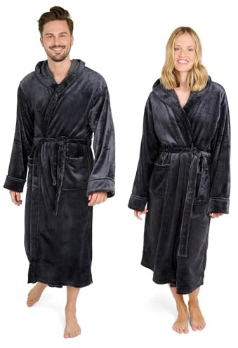 Blumtal Bademantel Damen & Herren L - OEKO-TEX zert. Morgenmantel mit Kapuze, extra saugstark, lang, für Sauna, Anthrazit-Grau