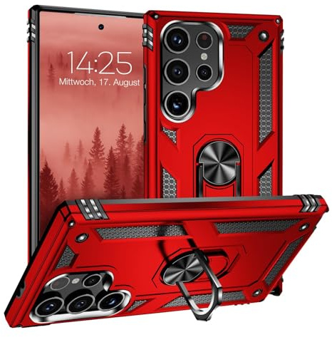 LBH Outdoor Hülle für Samsung Galaxy S24 Ultra Armor Militär Stoßfest Handyhülle 360 Grad Metal Ring Halter Ständer Schutzhülle für Handyhalterung Auto Magnet Rot