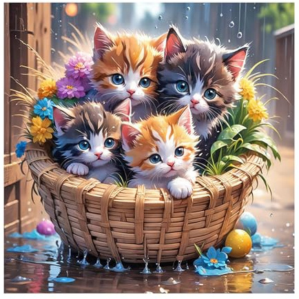 SHEGZHUC Pintura de Diamante Gato 30 x 30 cm - Cuadros de Gatos en Cesta de Flores - Arte de Bordado Punto de Cruz - Animales