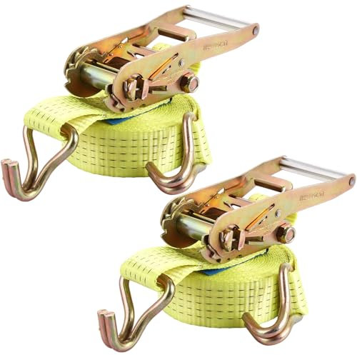 AHAQU 2PCS Heavy Duty Ratchet Straps, 5cm x 6m Ratchet Tie Down Straps, 11000lb Break Strength, Adjustable Lashing Straps with Handle and Metal J Hook for Motorcycle, Cars, Trucks- Yellow