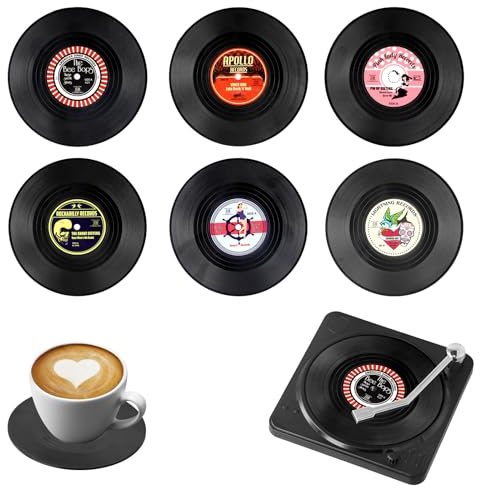 volumoon 6 Stück Vinyl Schallplatten Untersetzer, Getränke Untersetzer Set Vintage, Untersetzer für Gläser, Retro Vinyl Schallplatte Untersetzer mit Basis, Bierdeckel Rund Personalisiert für Bars