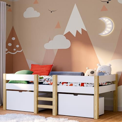 Bellabino Kinderbett 90x200 Aspy, Hochbett mit Rausfallschutz, Babybett für Jungen und Mädchen, Halbhochbett weiß inkl. Lattenrost und 2 Schubladen, Hochbett mit Stauraum und Matratze