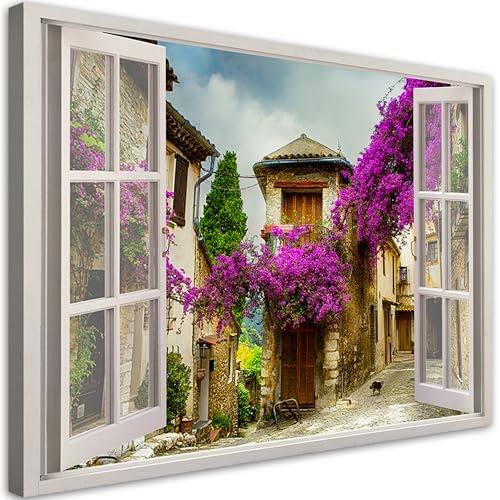 Feeby Bild auf Leinwand - Wandbilder Wohnzimmer Aesthetic - Fensterblick Vintage Blumen Straße - 60x40 - Schlafzimmer Wandekoration - Bilder Zimmer - Living Room - Deko Wandbilder - Moderne Bild