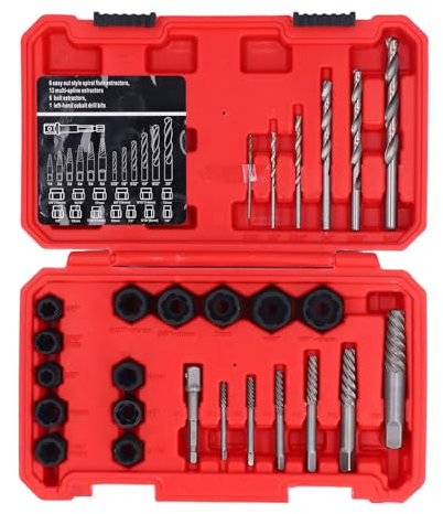 Kit de extractores de pernos de tornillo de 26 piezas, removedor de pernos rotos con brocas HSS, adaptador, extractores de rosca gruesa, tamaños imperiales métricos, juego de