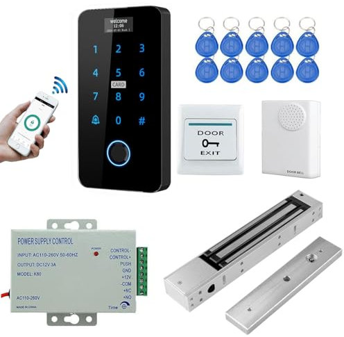 YAVIS Kit Système de Contrôle d'Accès WiFi TUYA, Clavier D'empreintes Tactile avec Écran, Serrure Magnétique Electrique 280kg/600lbs, Étanche, RFID NFC 125KHz/13.56MHz, Alimentation 3A, Sonnette Porte
