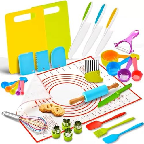 KIT cuisine enfant COMPLET 2 en 1 – SET Couteaux Sécurisés + SET Pâtisserie. 31 Pièces, Activité Montessori, kit patisserie, Vrais Accessoire pour Couper, cuire des fruits et légumes, Cadeau 3 ans +