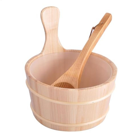 Sauna Wooden Bucket and Ladle Set Sauna Water Bucket Wood Ladle Kit Barrel Set Sauna Water Accessories Wood Sauna Barrel Set, 4L Sauna Water Bucket with Handle and Spoon for Steaming Room, Sauna