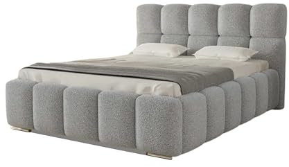 AGMAT-FURNITURE POLSTERBETT Luna mit Kopfteil, 140 x 200 cm, Doppelbett mit Bettkasten und Lattenrost aus Metall, Boucle Stoff: Grau