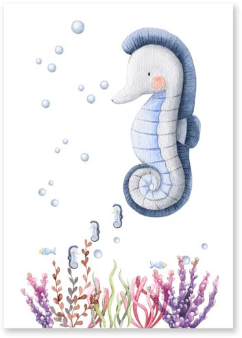 Calmondo Seepferdchen Kinderbild für Kinderzimmer | Tier-Poster Bild für Kinder als Geschenk für Mädchen & Jungen | Süße Wand-Deko für eine fröhliche Atmosphäre | DIN A4 | Mit Bonusbild