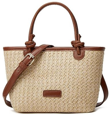 Mabecol Strohtasche Damen Sommer Handtasche Klein – Geflochtene Schultertasche mit PU-Leder, Vintage Strandtasche für Urlaub, Alltag und Freizeit (Braun)