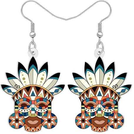 LONYOO Acryl Retro Tiki Maske Ohrringe Baumeln Polynesische Dekor Stammes-Häuptling Vintage Hawaii Schmuck Seltsame Tiki Geschenke für Damen Mädchen Mama Hawaii Party (Braun)