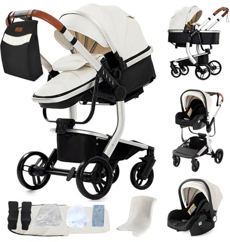 MoLi PU-Leder Kinderwagen 3 in 1, Kinderwagen mit Umkehrbarem Doppelschiebemodus, Buggy Bequemer Babywanne, Kombikinderwagen 3 in 1 Rahmen Aluminiumlegierung Faltbar Hohe Landschaft (B518 White)