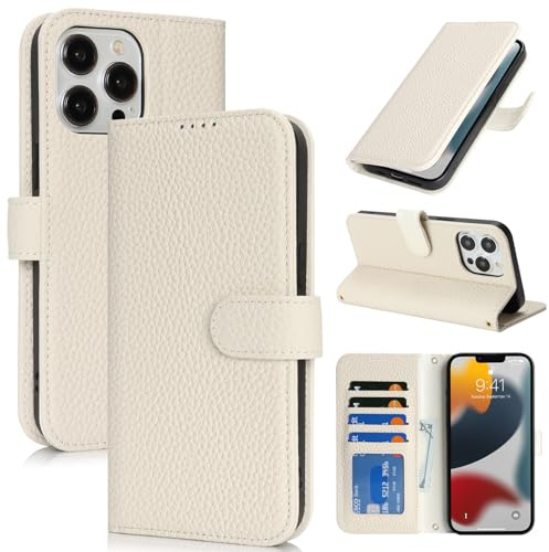 Zouzt Leather Wallet Case for iPhone 13 Pro, 4 Card Slot, Milky White | Genuine Leather, Card Holder, Shockproof TPU Shell, Magnetic Closure, Protective Flip Folio Phone Cover, For Women Men