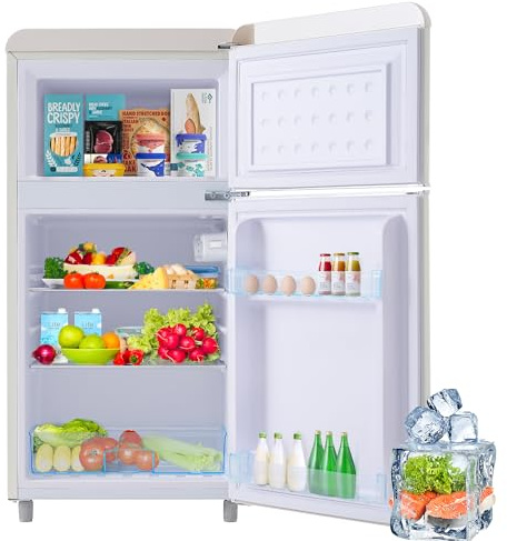 Gelukueub Frigorifero in stile retrò, con doppia porta superiore e inferiore, capacità totale di 72 litri, consumo energetico annuo di 120 kWh. [Classe di efficienza energetica E] (Bianco)