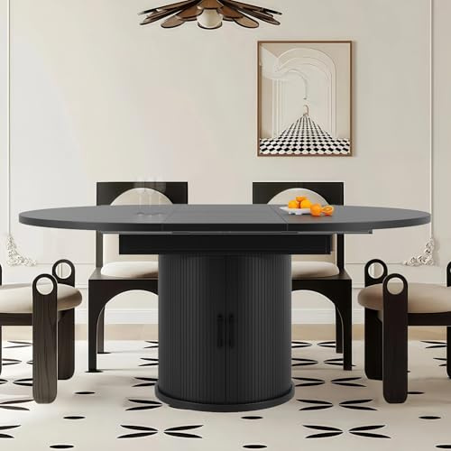 SoarFlash Mesa de Comedor Extensible Moderna, de Redonda a Ovalada, Base de Almacenamiento cilíndrica, Adecuada para Cocina, Comedor y balcón, 118-158 cm, Apta para hasta 6 Personas, Color Negro